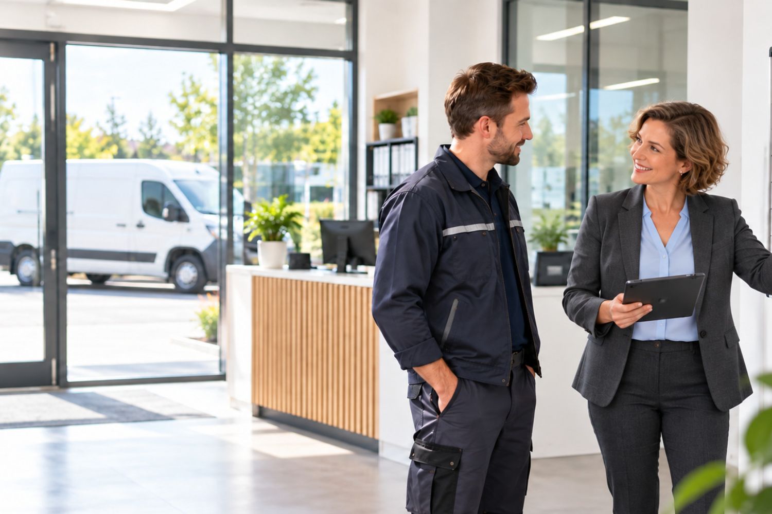Inhaberin eines Dienstleistungsunternehmens im Gespräch mit einem Mitarbeiter, draußen der Firmenwagen