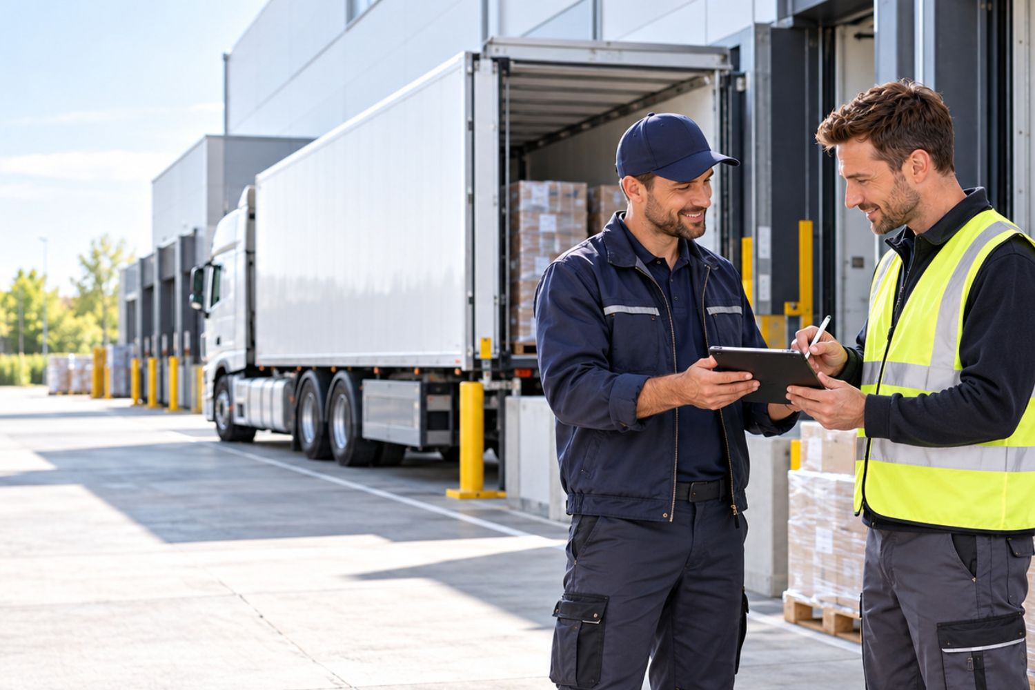 Lkw-Fahrer übergibt an der Laderampe das Tablet für die digitale Ablieferunterschrift