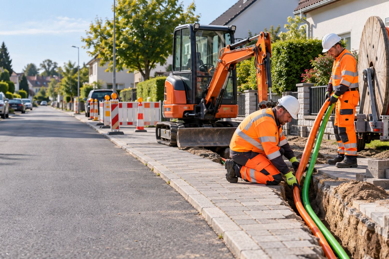Glasfaserausbau: Tiefbauarbeiter verlegen Leerrohre im Gehweg einer Wohnstraße